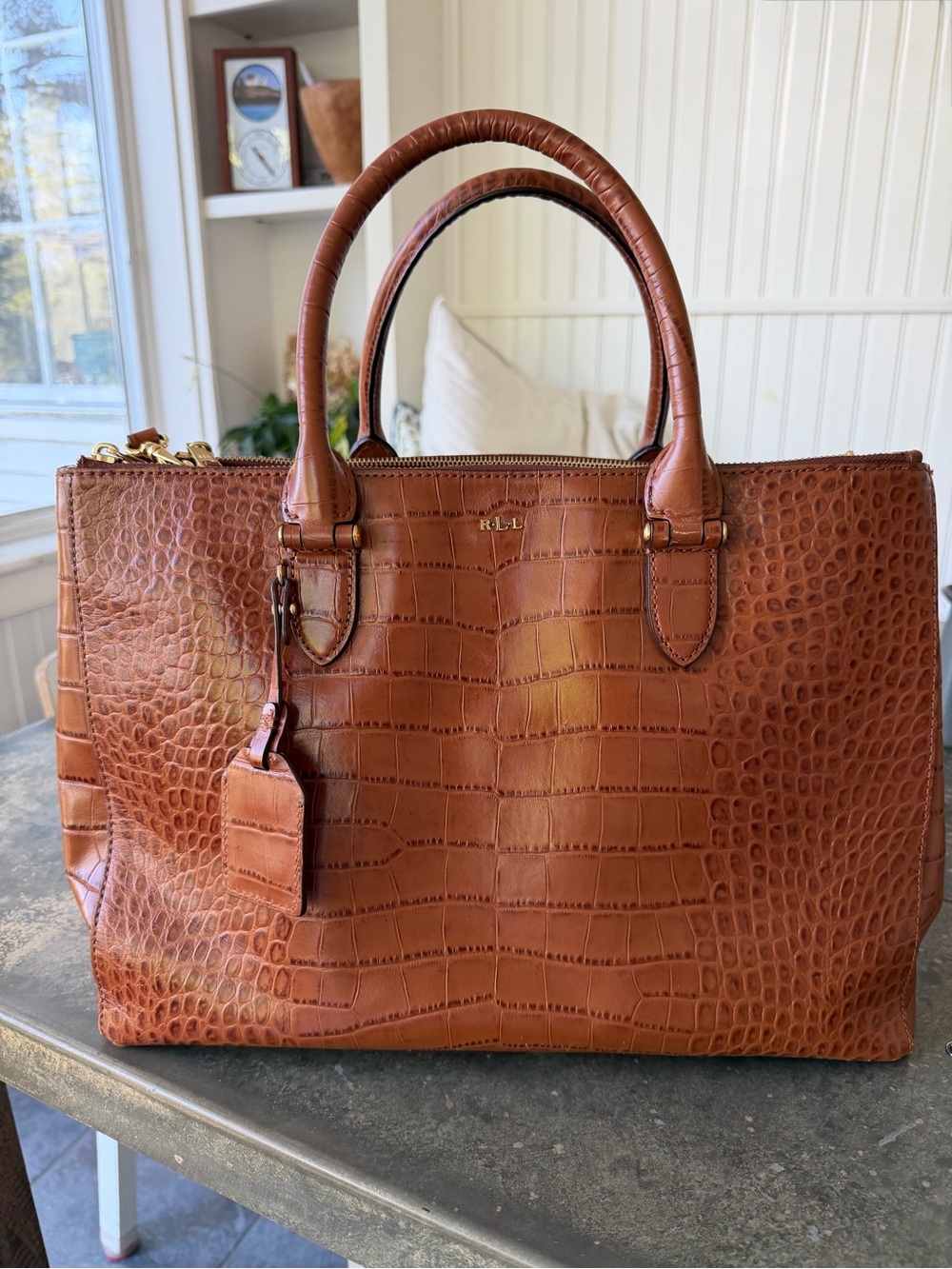 Lauren Ralph Lauren Croc-Embossed Leather Tote in Cognac